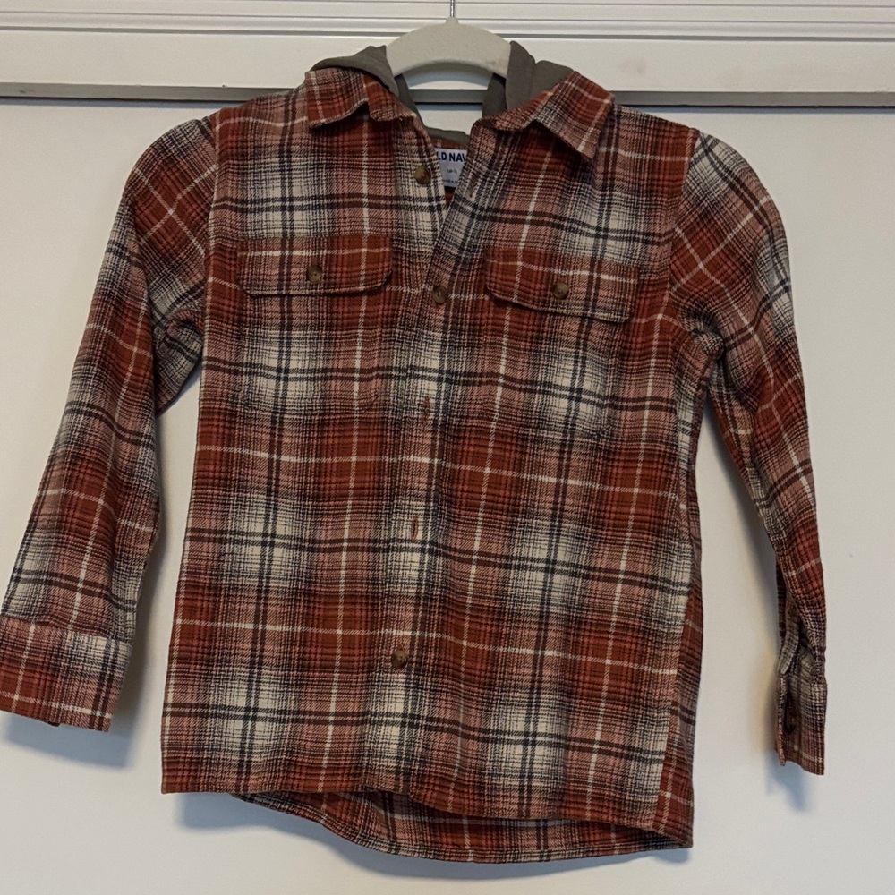 NEVER WORN - Old Navy Boys Plaid Button Down Shirt in Rust Orange and Brown